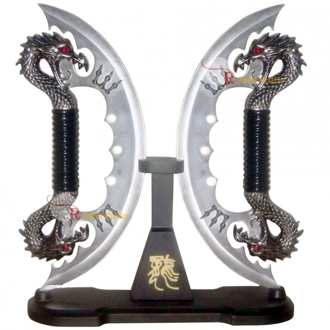 11" Silver Fire Blade Dual Fantasy Dragon Sword Daggers Knife With